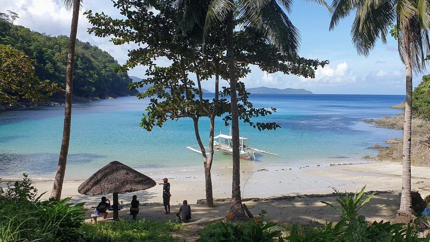 Luftaufnahme eines Privatstrands des Resorts mit Palmen