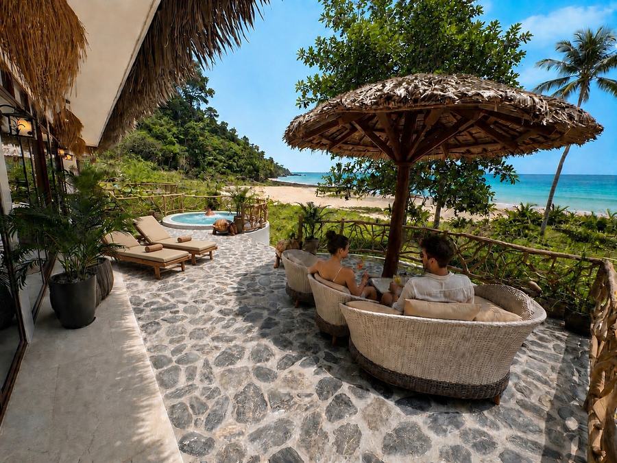 Lounge mit Strohschirm und Blick auf den Strand