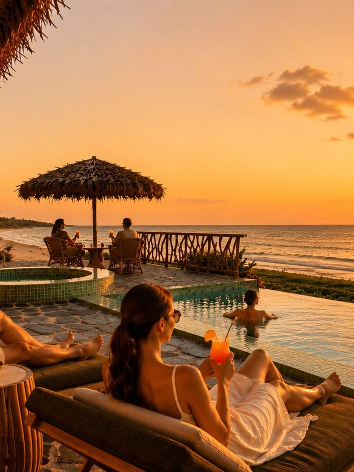 Gäste auf Loungeliegen über dem Strand bei Sonnenuntergang