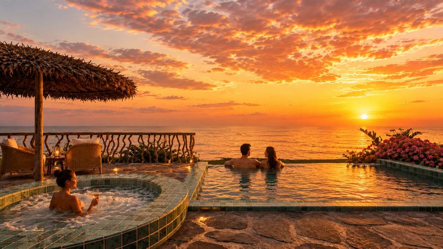 Gäste bei Sonnenuntergang am Pool des Resorts, Visualisierung.