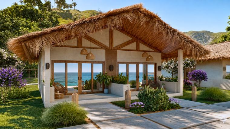 Visualisierung einer strohgedeckten Villa mit Glasfront, dahinter das Meer