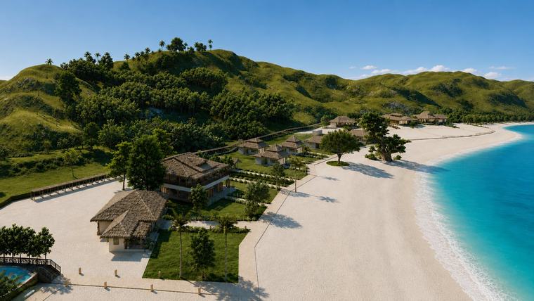Visualisierung des Resorts aus der Luft: strohgedeckte Villen am weißen Strand