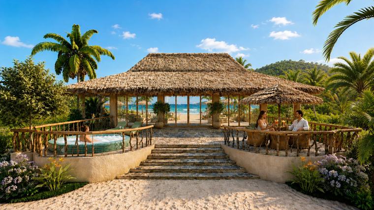 Visualisierung einer Villa mit Strohdach und Privatpool am Strand im Abendlicht