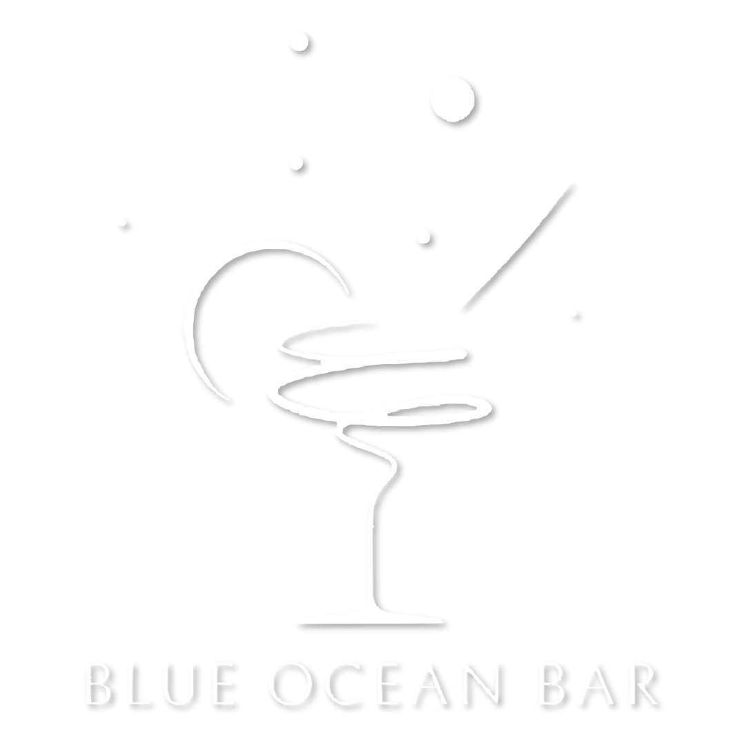 Blue Ocean Bar, weißes Logo mit Cocktailglas und Luftblasen